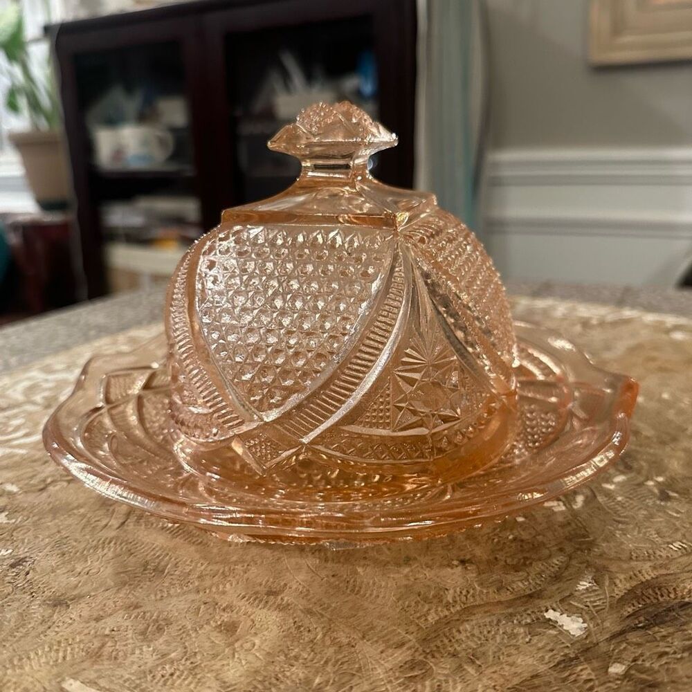Vintage Large Pink Depression Glass Round Butter Cheese Dish w/‎ Cover